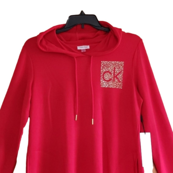 Calvin Klein Red and Gold Logo Studded Long Sleeves Hooded Dress Plus Size 3X - Picture 11 of 13